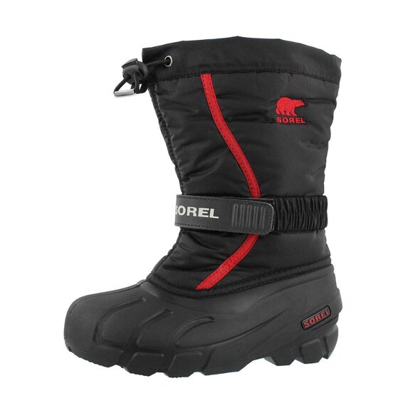 Sorel Boys Youth 4 Black Red Flurry Insulated Waterproof Winter Snow Boots - Picture 1 of 12